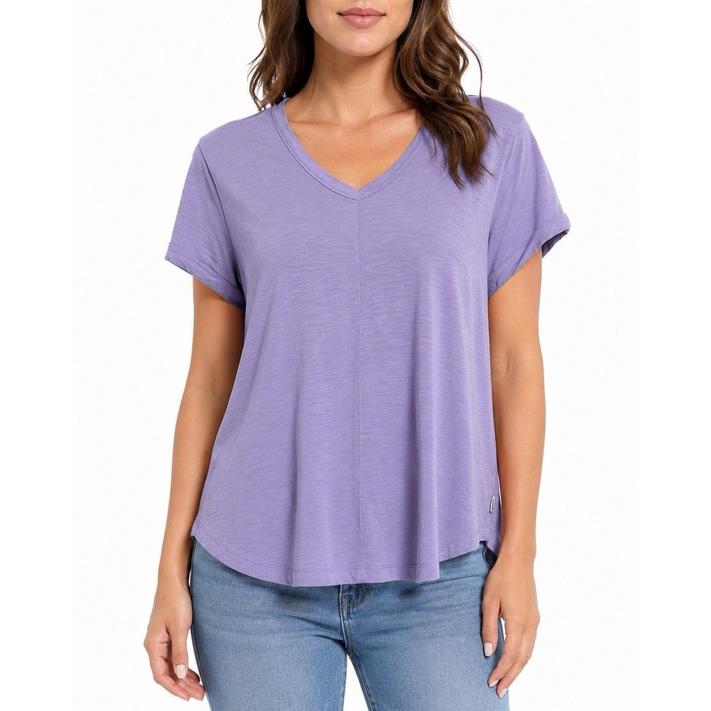 Eddie Bauer Womens V Neck Tee Shirt Top Lavender Purple Cotton Lyocell Size L